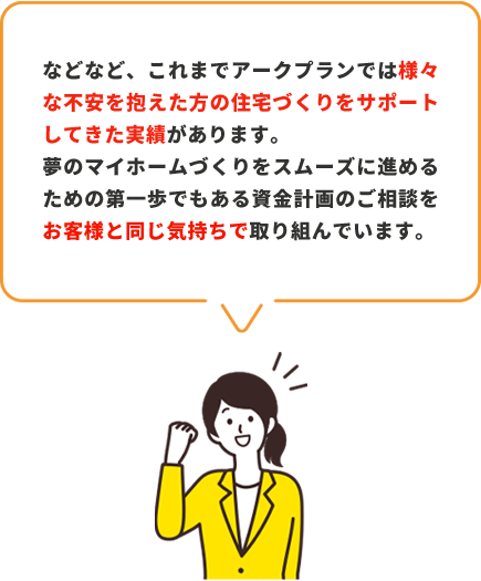 これまでアークプランでは様々な不安を抱えた方の住宅づくりをサポートしてきた実績があります。夢のマイホームづくりをスムーズに進めるための第一歩でもある資金計画のご相談をお客様と同じ気持ちで取り組んでいます。