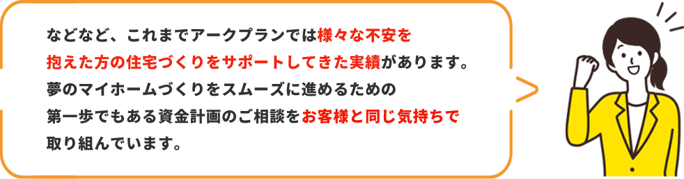 これまでアークプランでは様々な不安を抱えた方の住宅づくりをサポートしてきた実績があります。夢のマイホームづくりをスムーズに進めるための第一歩でもある資金計画のご相談をお客様と同じ気持ちで取り組んでいます。